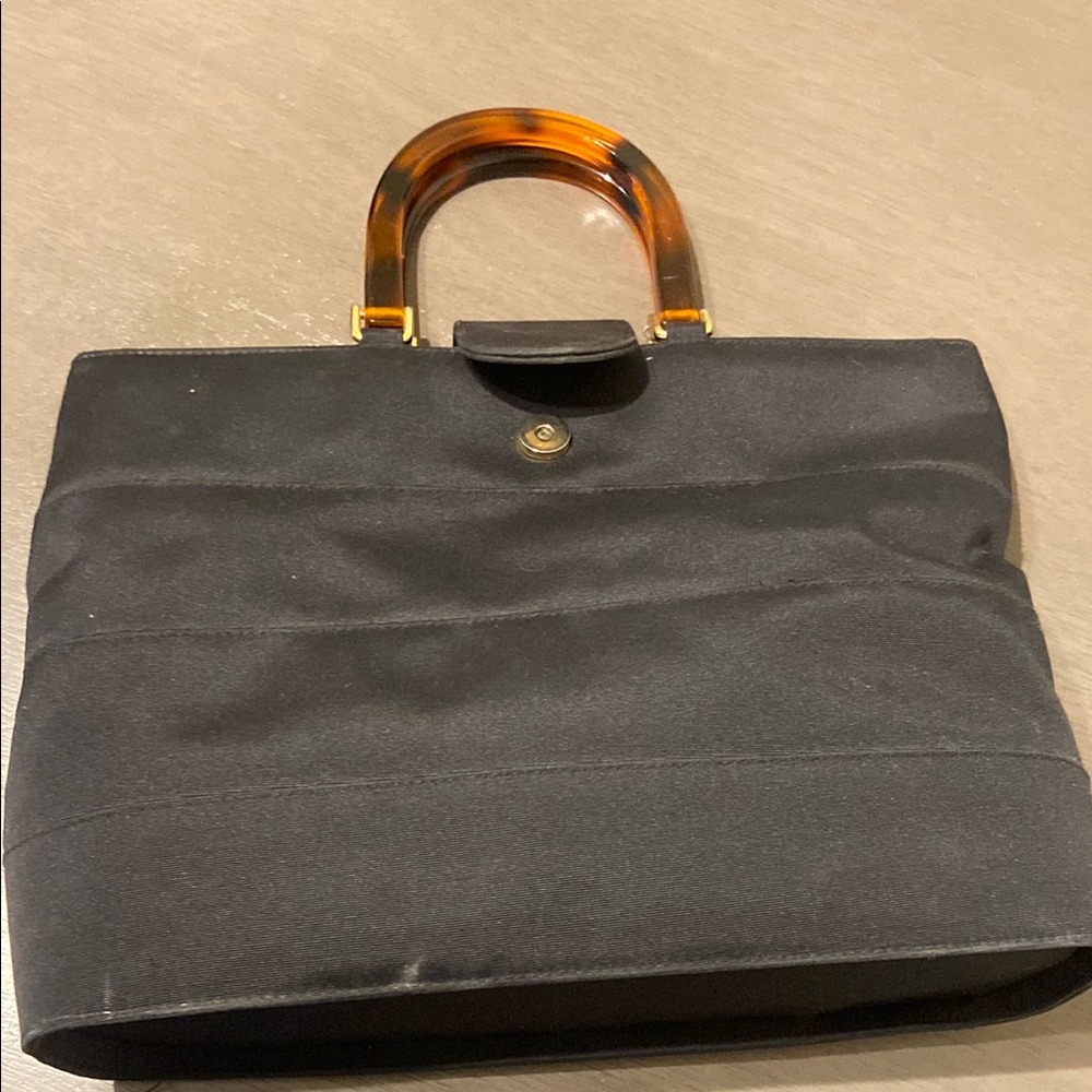 Elegant Black Handbag with Tortoise Shell Handles